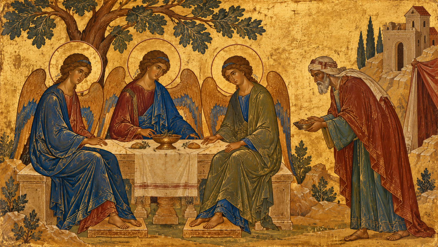 Ilustración inspirada en la iconografía ortodoxa: Abraham se inclina para ofrecer alimento a tres ángeles de nimbos dorados, reunidos en torno a una mesa bajo el árbol de Mamré.